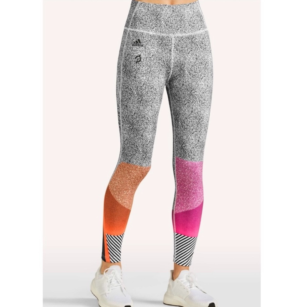 Adidas x Peloton 7/8 Heat Ready Leggings Colorblock Stripe Pink Orange Purple